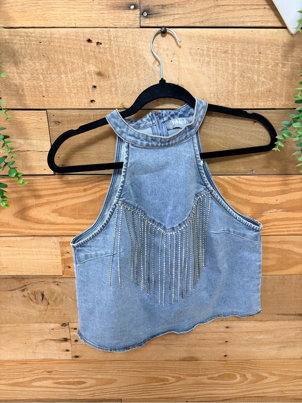 Blue B Collection Light Wash Denim Halter Top with Fringe NWT Size L